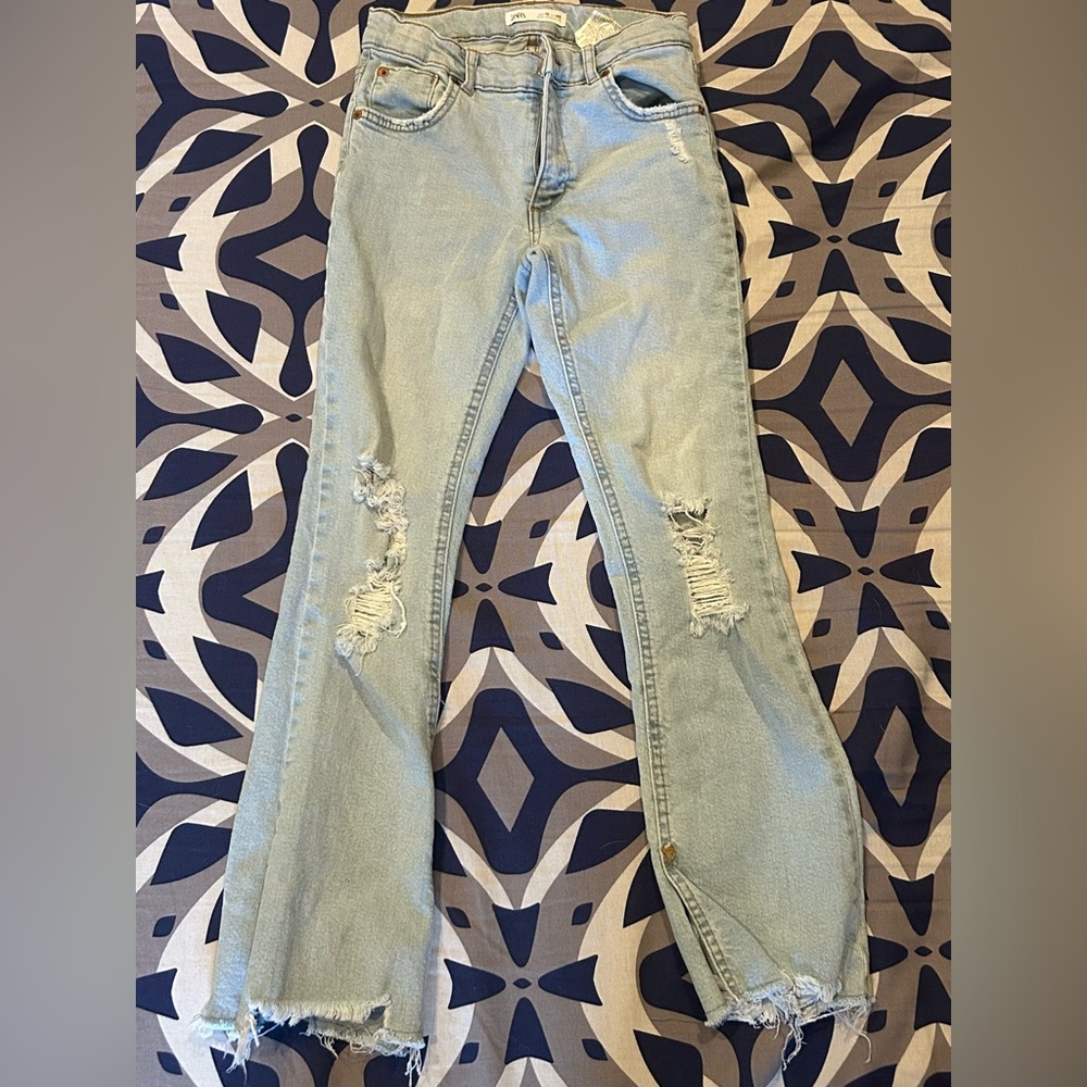 Zara Light Blue Straight Leg Jeans with Rips
